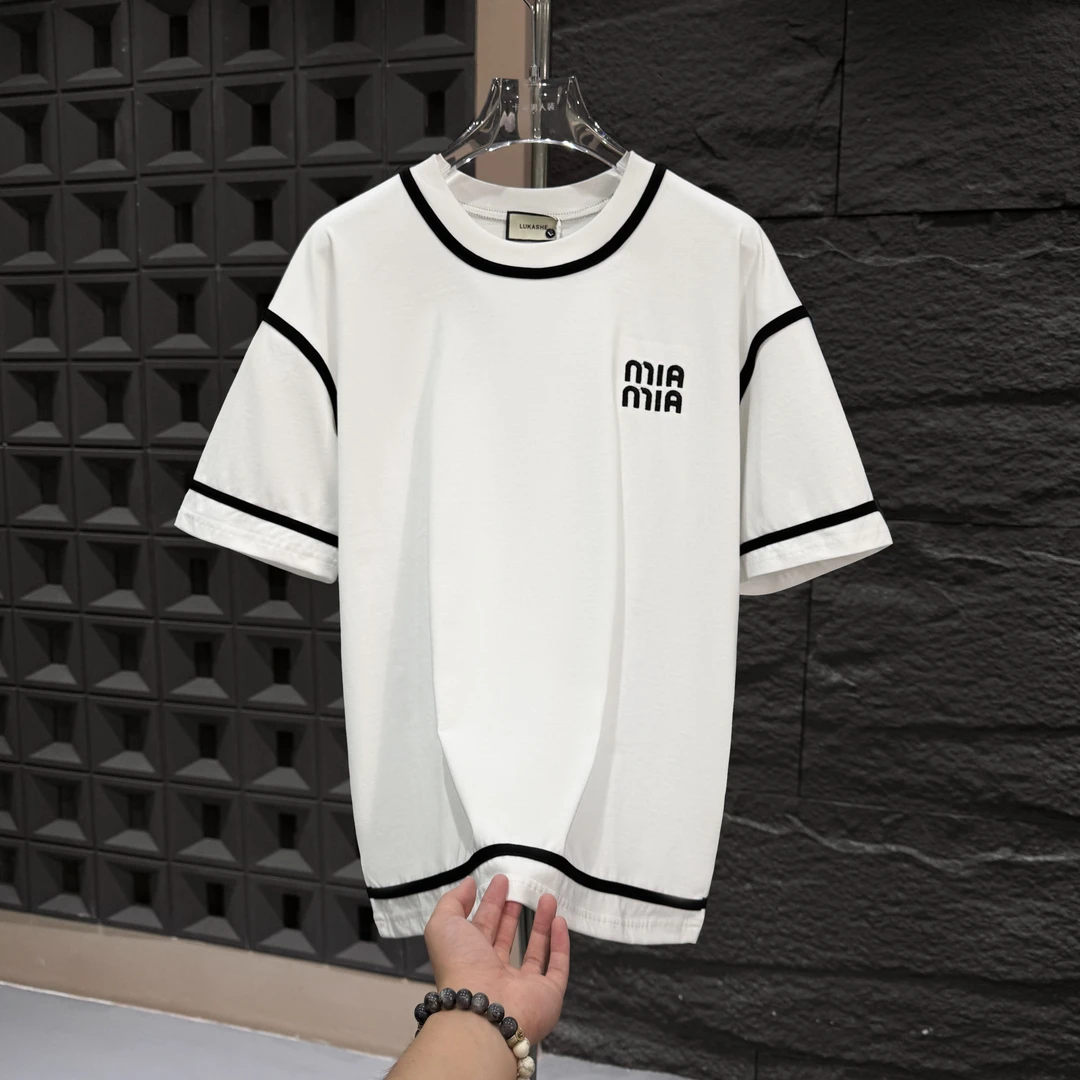 CB-A18378-夏季百搭圆领拼接刺绣休闲情侣日系短袖