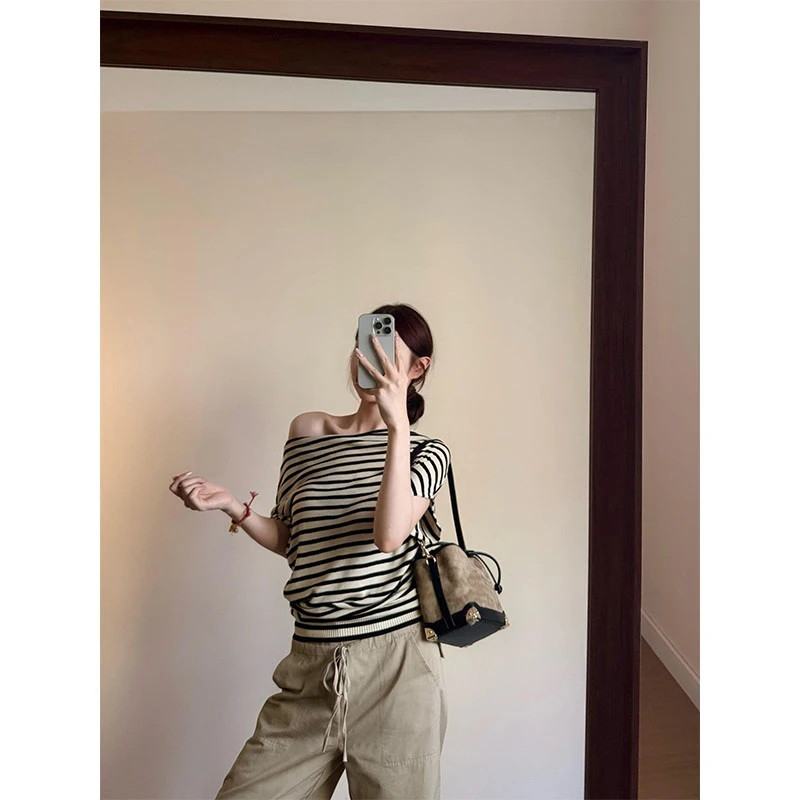 纯欲风慵懒风女装条纹斜肩短袖T恤夏季显瘦垂感休闲裤长裤两件套