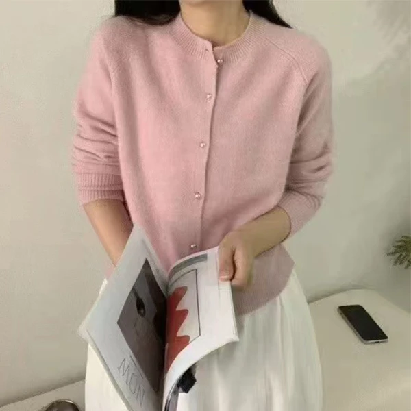 「小金豆粉开衫」秋冬针织长袖上衣时尚女士厚款纯色毛衣外套-9650