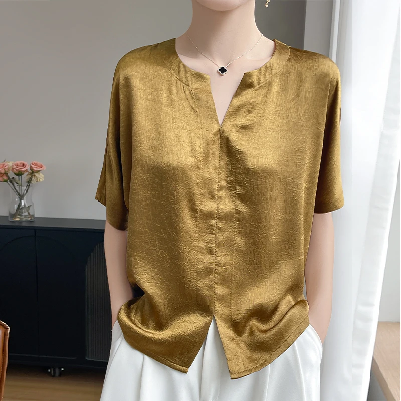 轻奢V领醋酸肌理半开领套头短袖女宽松遮肉T恤清冷系禅意衣服女