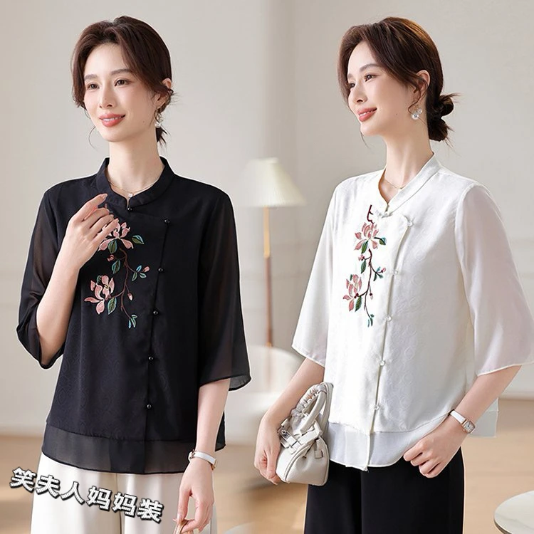 新中式国风刺绣斜襟提花短袖T恤气质妈妈装上衣