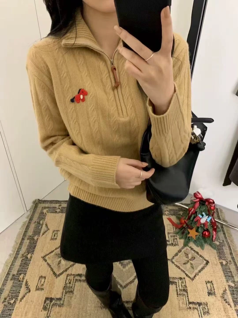T1191【驼色】幸运小马版拉链针织高领针织套头女