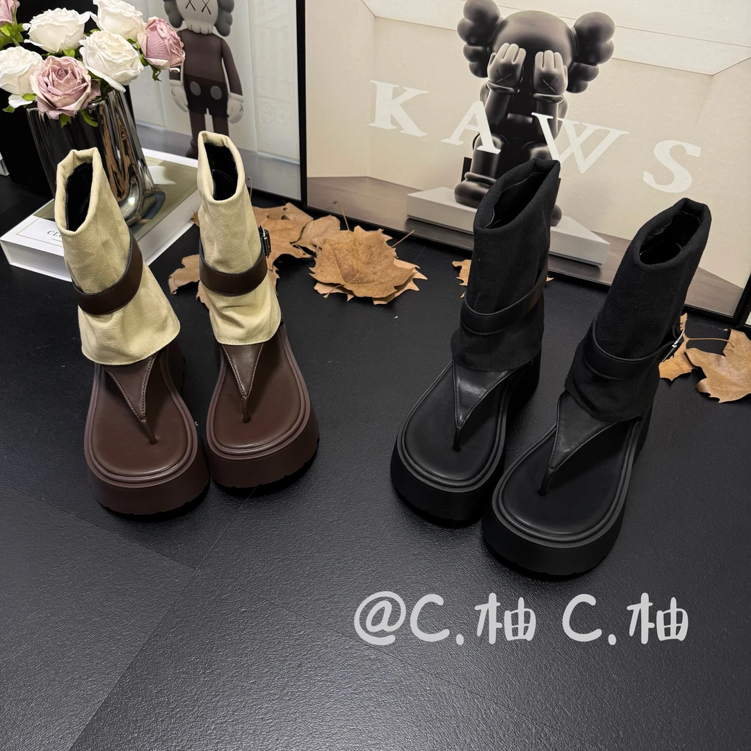 小个子适用厚底夹趾镂空凉靴女夏季时尚罗马短靴牛仔拼接夏季爆款