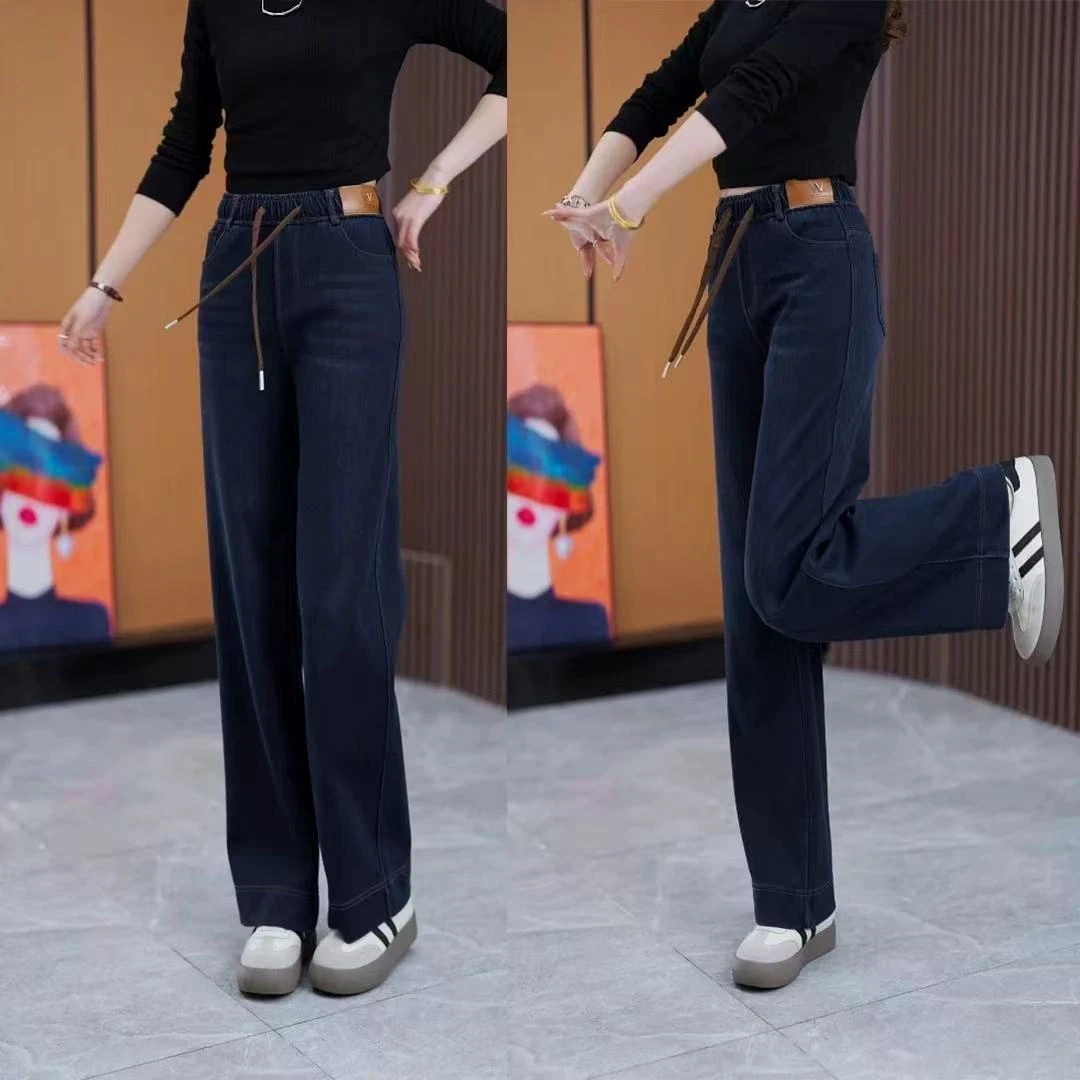 961冬季女式时尚弹力牛仔加绒裤外穿宽松休闲舒适百搭直筒裤