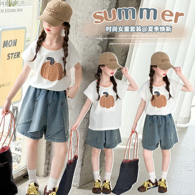 女童网红套装夏季新款中大童短袖t恤牛仔短裤两件套儿童洋气夏装