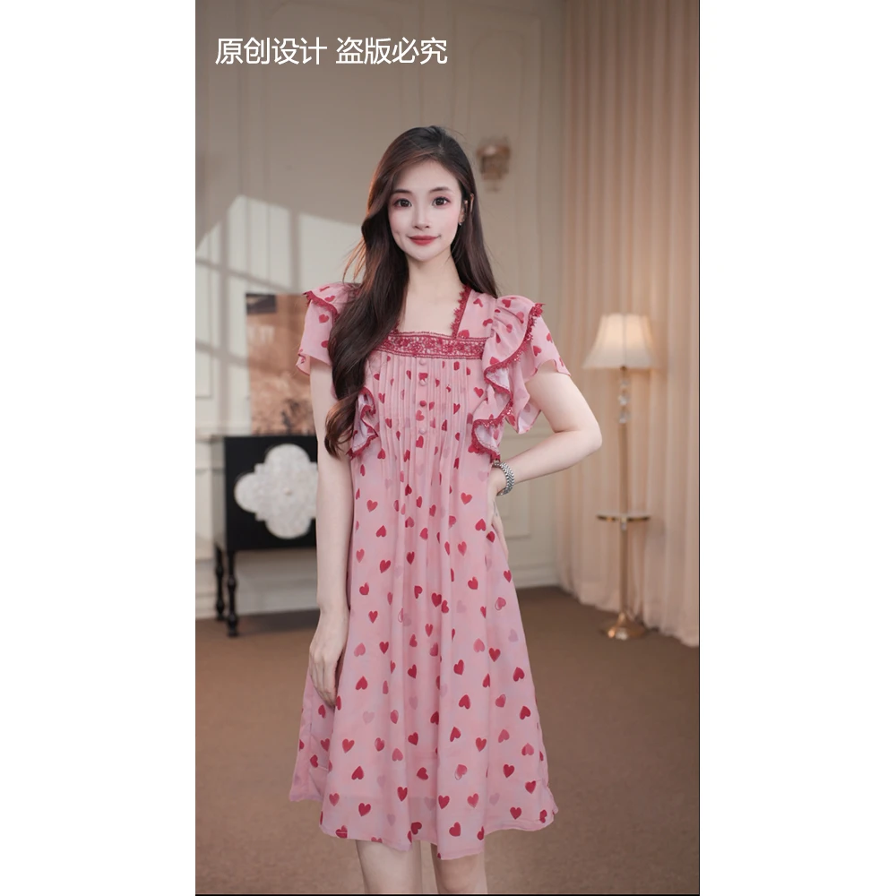 宁宁·霓虹甜心·夏季新款时尚粉色收腰爱心设计感显瘦连衣裙-91002