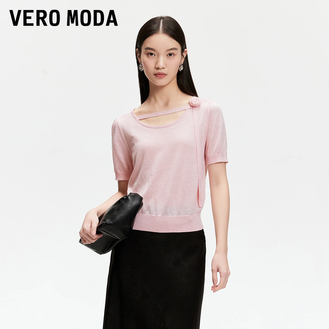 Vero Moda针织衫2025欧若风春季泡泡袖绑带玫瑰立体装饰325124061