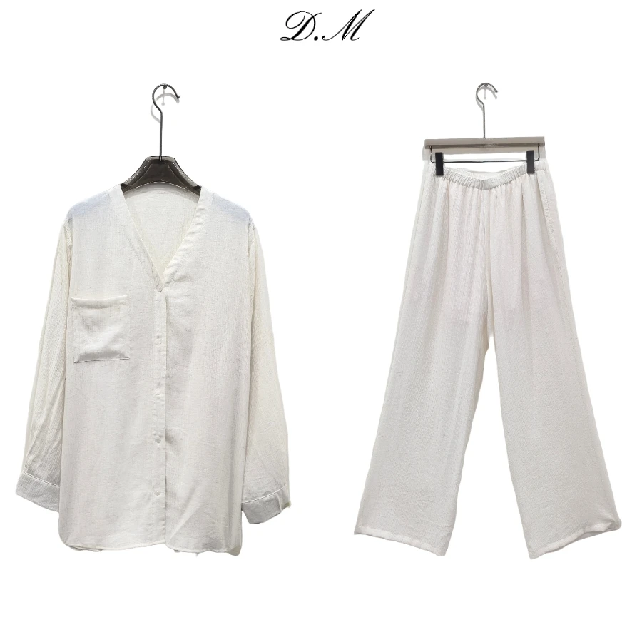 【大蜜】7026#夏季上新锦麻气质宽松V领衬衣套装