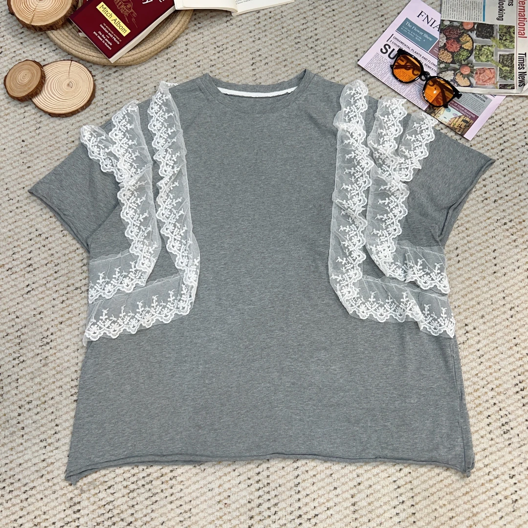 2025夏季新款宽松百搭时尚蕾丝短袖T恤3751
