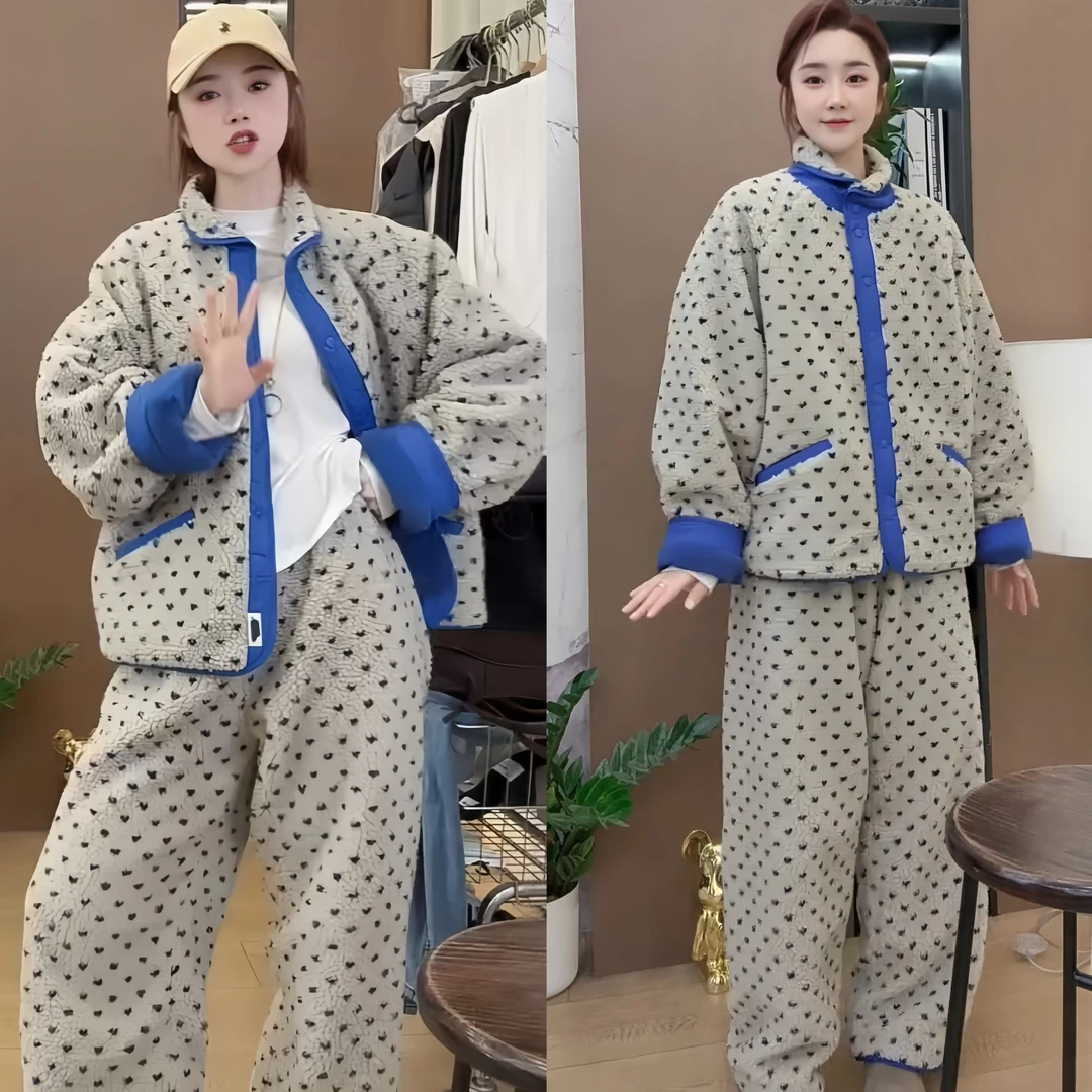 2025秋冬新款百搭修身显瘦时尚复古翻领保暖舒适两面穿家居服套装