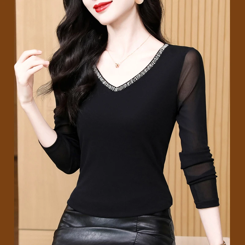 V领黑色网纱打底衫女内搭2025年秋季新款洋气小衫长袖t恤蕾丝上衣