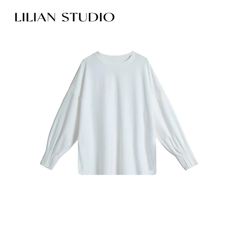 莉莉LIlian 基础圆领白T拼接衬衫上衣女风琴褶束袖口长袖上衣