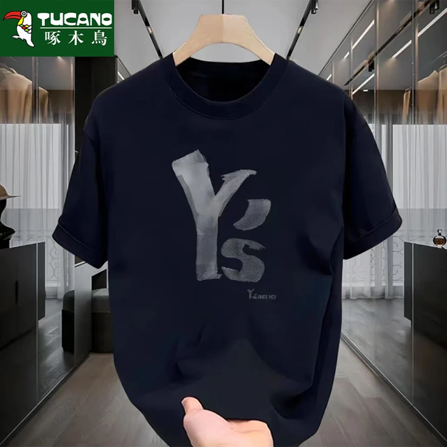 啄木鸟纯棉重磅男士T恤潮牌夏季圆领短袖新款纯棉宽松百搭上衣潮