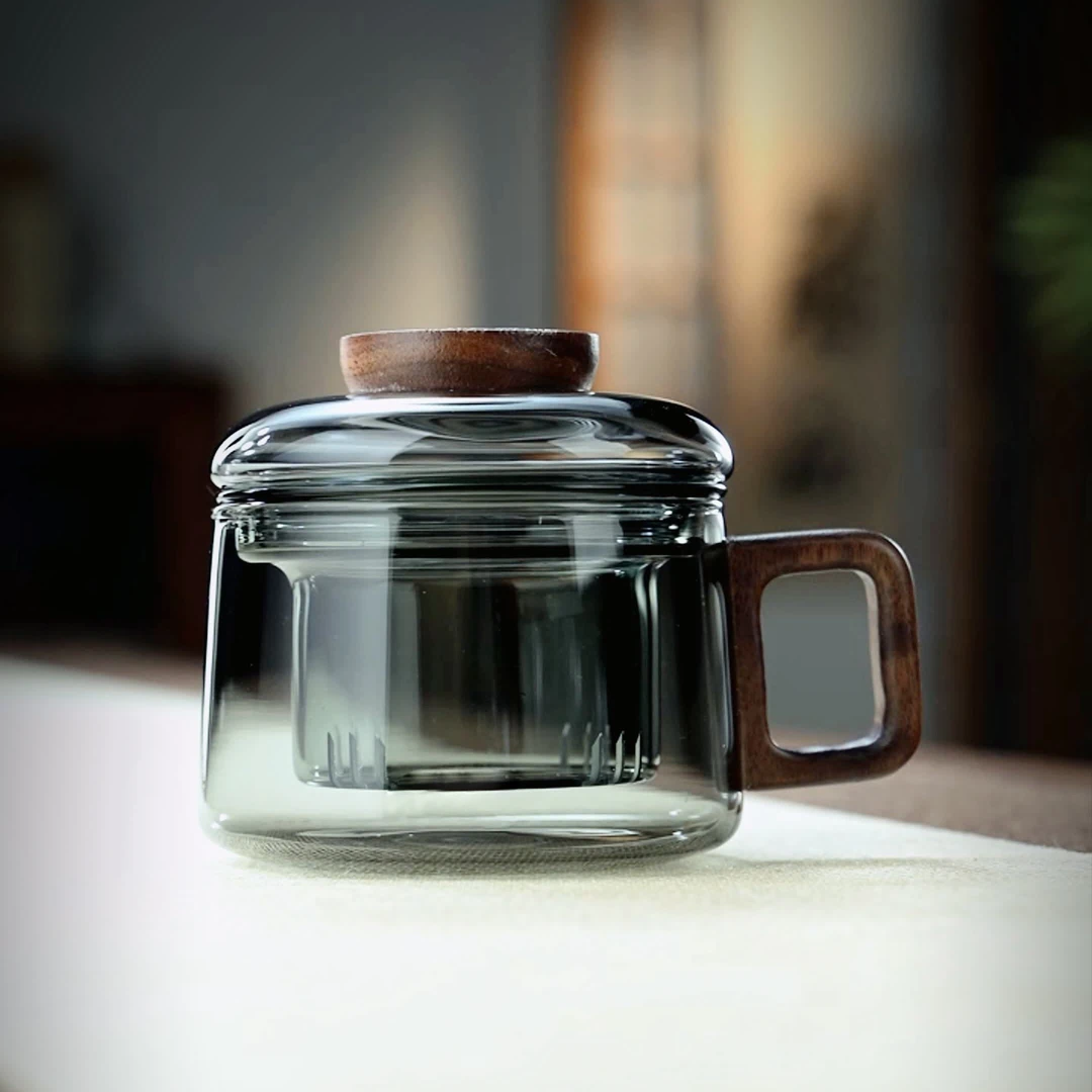 办公杯烟灰色经典简约迷你带盖耐热透明家用日式防烫手工创意