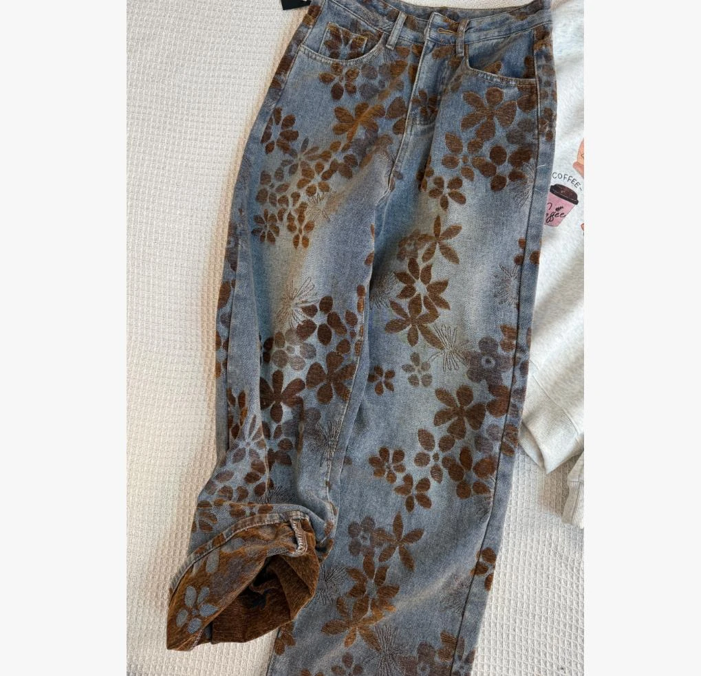 【晴晴自留】 3652冬季新款加厚金丝绒高腰牛仔裤阔腿裤百搭女裤