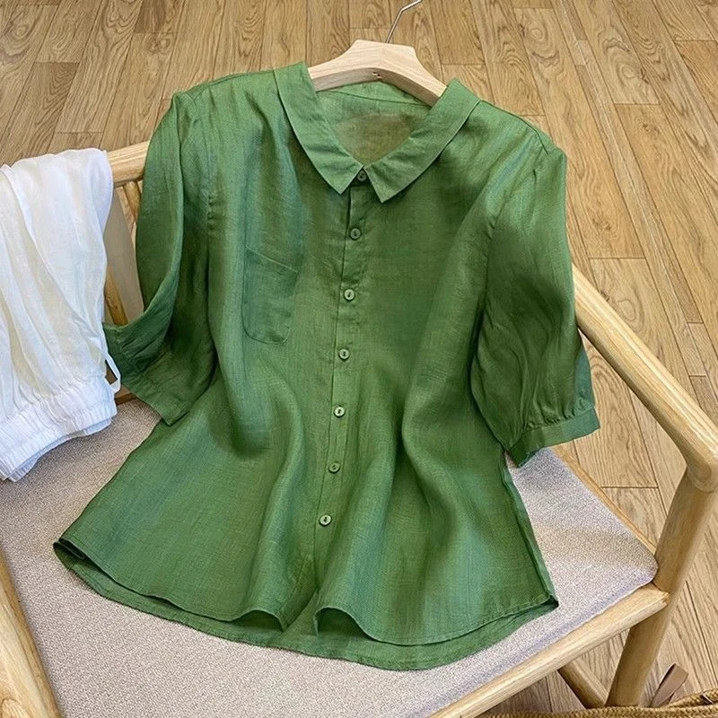 翻领棉麻短袖衬衫女士2025夏季薄款宽松纯色气质复古休闲大码上衣