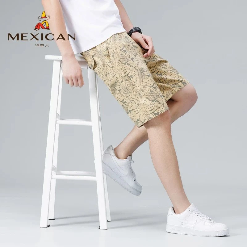 稻草人男休闲裤直筒短裤夏季透气潮流印花薄款速干裤子五分沙滩裤