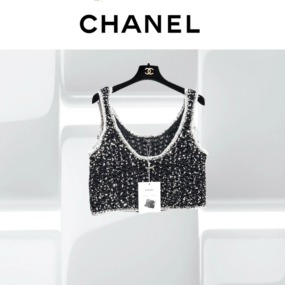 99新 Chanel/香奈儿 38码23S爆款黑色白边亮片背心