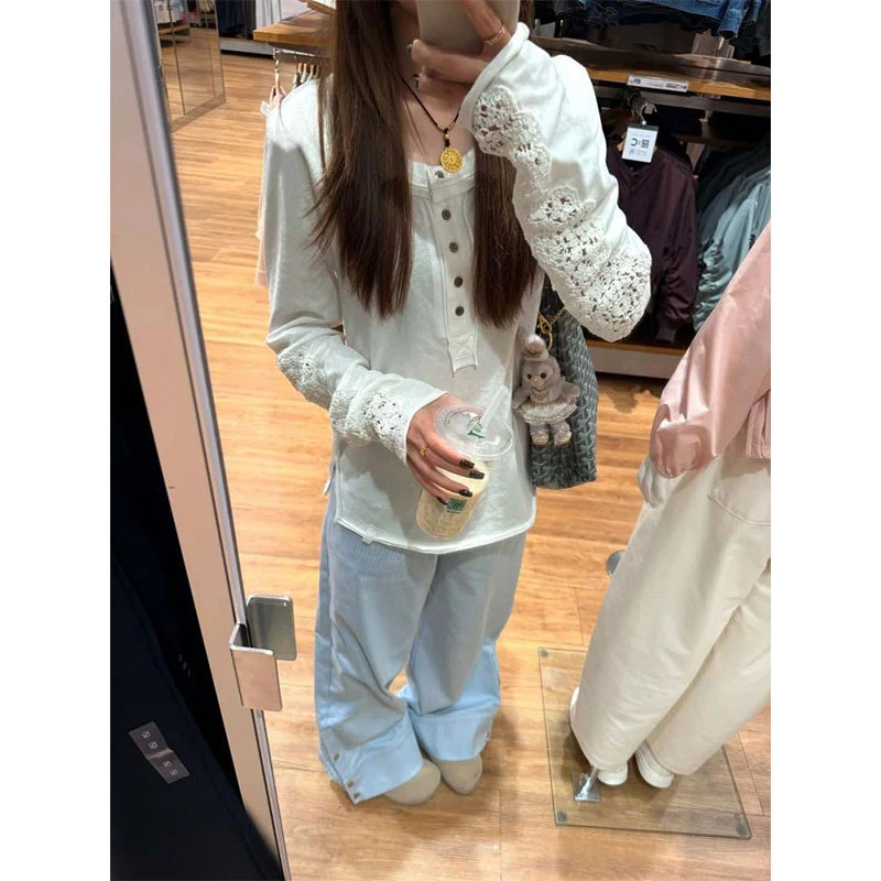 美式复古chic蕾丝镂空刺绣长袖T恤女夏季小众宽松薄款防晒衫上衣