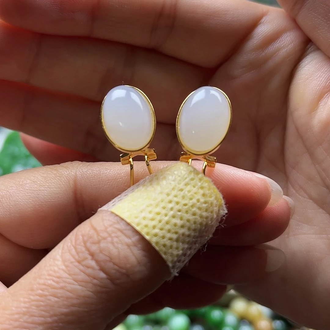 和田玉耳饰银S925镶嵌