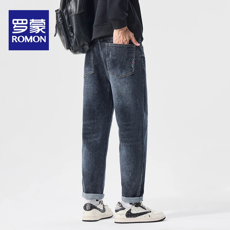 罗蒙男士2025秋季潮牌直筒裤宽松百搭简约锥形裤子美式复古牛仔裤