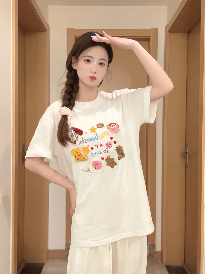 夏季新款动漫卡通小熊多巴胺字母刺绣韩系甜美纯棉短袖T恤#MJ0232