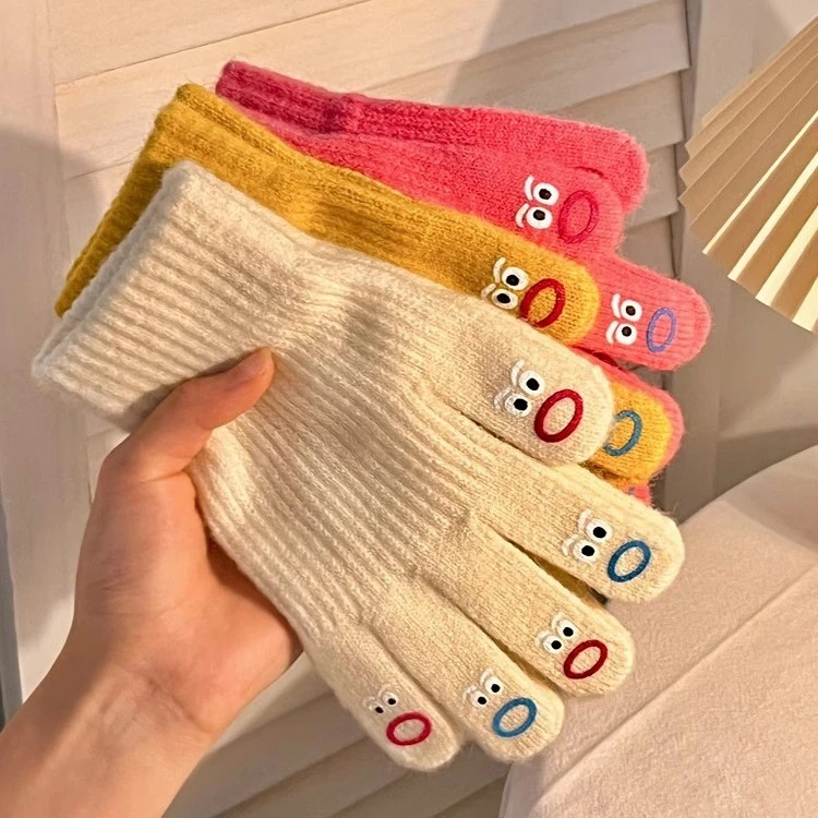 可爱搞怪丑萌表情露指触屏五指手套女秋冬季针织毛线保暖骑车学生