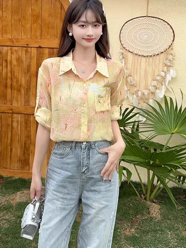 8855*夏季新款气质显瘦翻领印花长袖衬衫女休闲百搭复古上衣衬衣