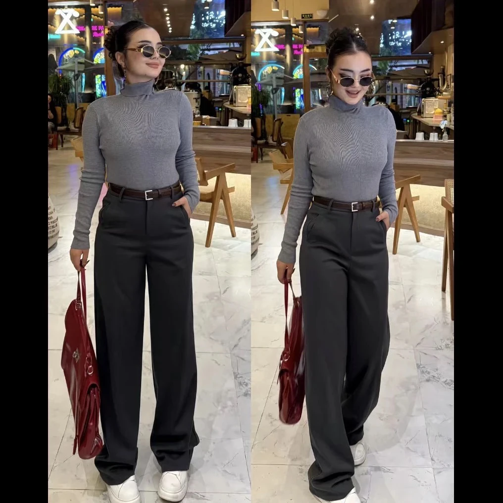 冬季新款韩版低腰呢子休闲阔腿裤时尚百搭垂感西装拖地长裤女