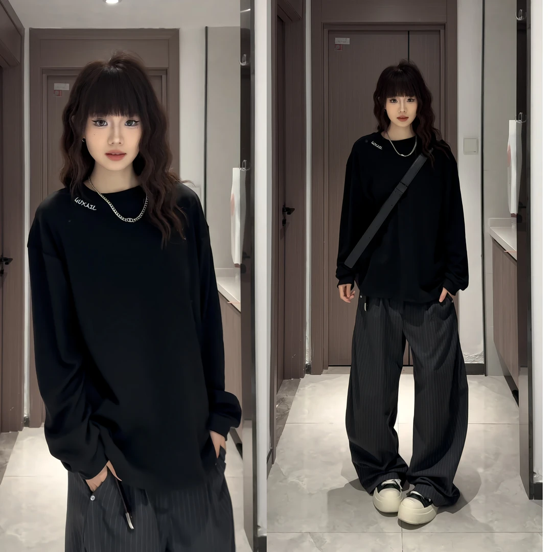 双面德绒刺绣长袖T恤男秋冬内搭保暖打底衫美式复古卫衣重磅上衣