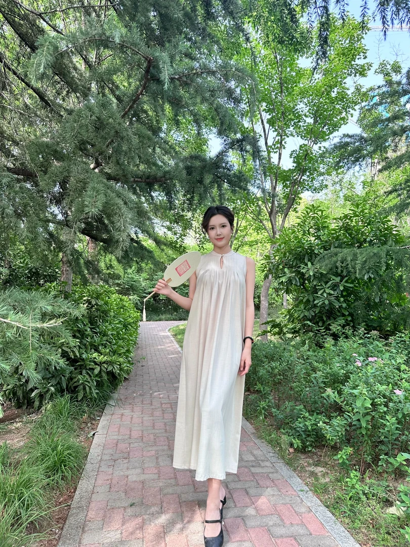 苎麻无袖夏季A字连衣裙显瘦优雅简约大方国风中式长款