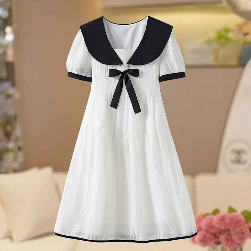 女大童连衣裙夏季新款洋气海军领学院风青少年天丝连衣裙过膝长裙
