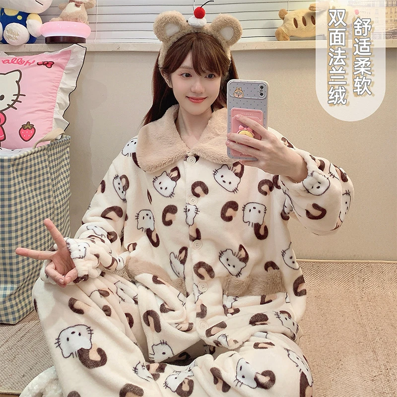 娃娃领秋冬法兰绒豹纹KT猫长袖长裤睡衣女可爱少女家居服套装外穿