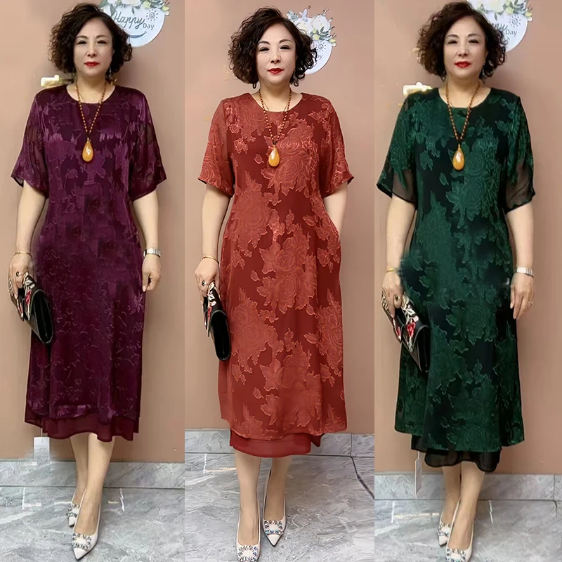 高级垂坠感碎花裙中老年妈妈大码植绒连衣裙贵妇人时尚洋气长裙子