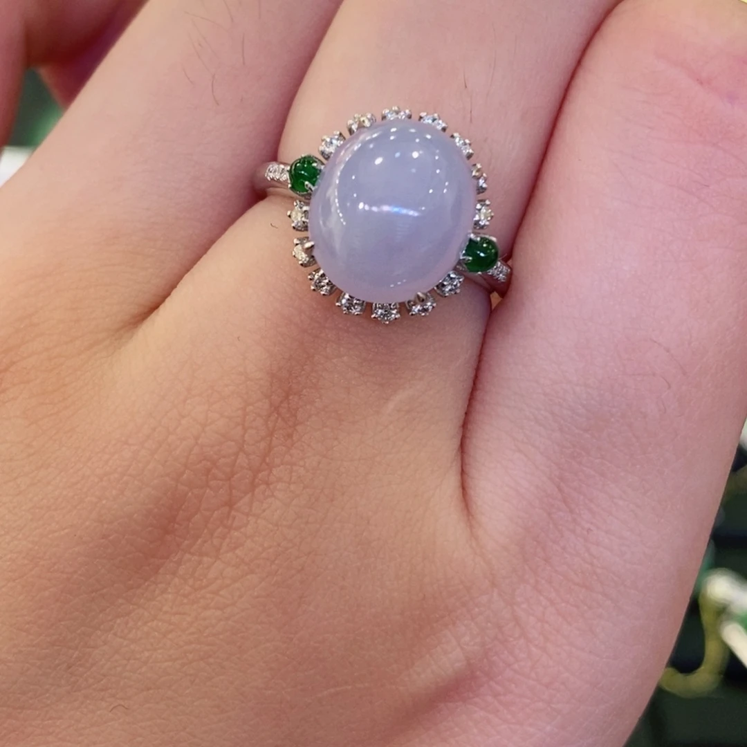 18K金镶嵌戒指翡翠粉紫罗兰蛋面戒指