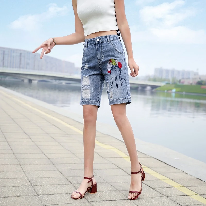 绣花牛仔短裤女五分裤高腰直筒夏潮新款韩版宽松休闲破洞女款中裤