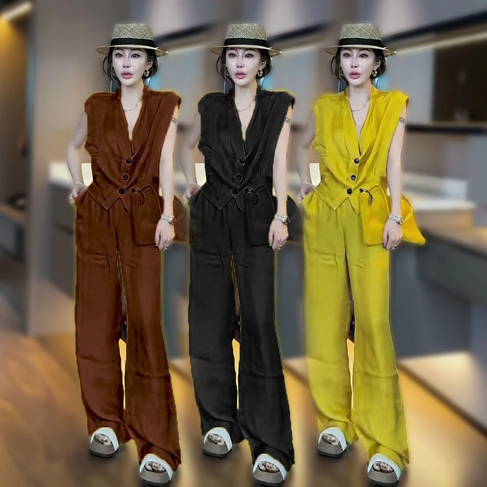 夏季新款时尚气质高级感无袖上衣阔腿裤两件套简约显瘦洋气遮肚子