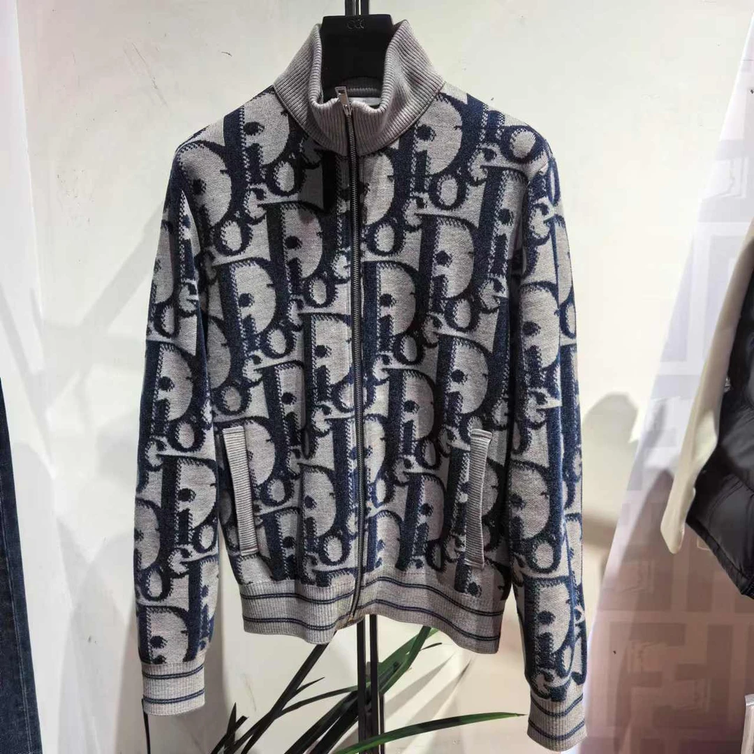 C.Dioc时尚拉链开衫外套经典灰蓝老花图案上衣男士绵羊毛针织夹克