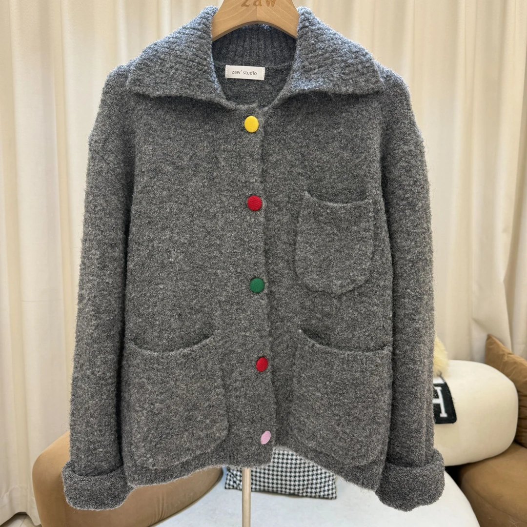 zaw大码女装POLO领毛衣女秋冬宽松针织衫胖mm上衣