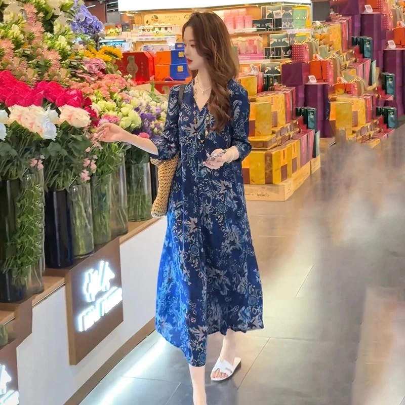 气质复古洋气连衣裙女2025夏季新款宽松显瘦透气碎花中长裙#386