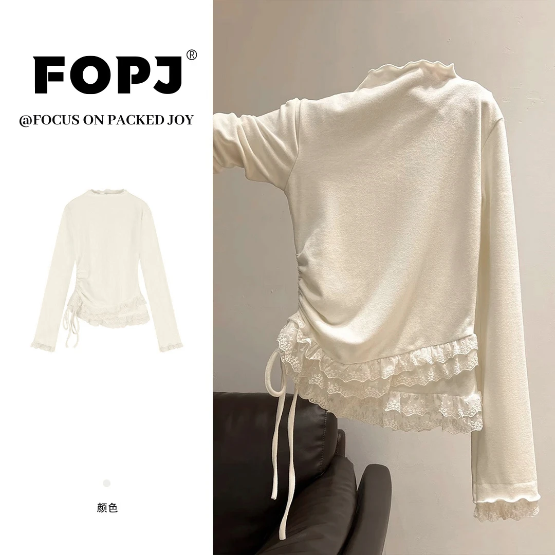 FOPJ高街小众圆领T恤女春秋长袖修身显瘦纯色打底衫时尚套头上衣