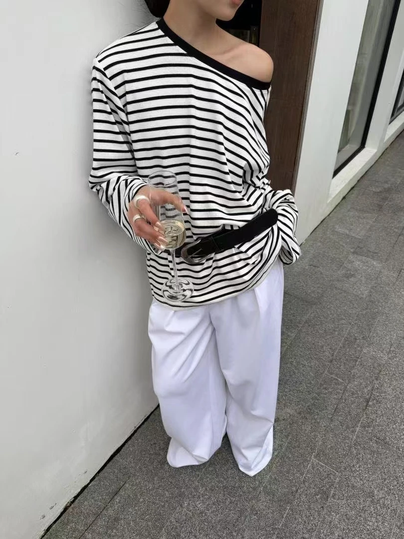 米古古AB #160#福# 韩版撞色斜肩慵懒百搭上衣（衣长69）
