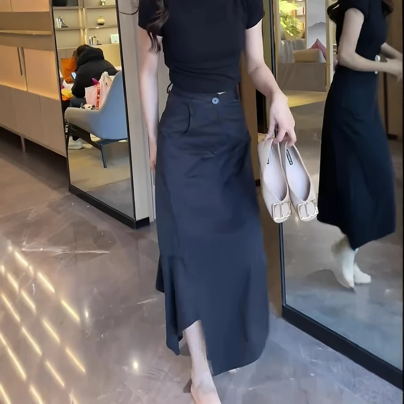 不规则黑色高腰半身裙女夏秋大码胖mm级感韩版时髦显瘦a字中长裙