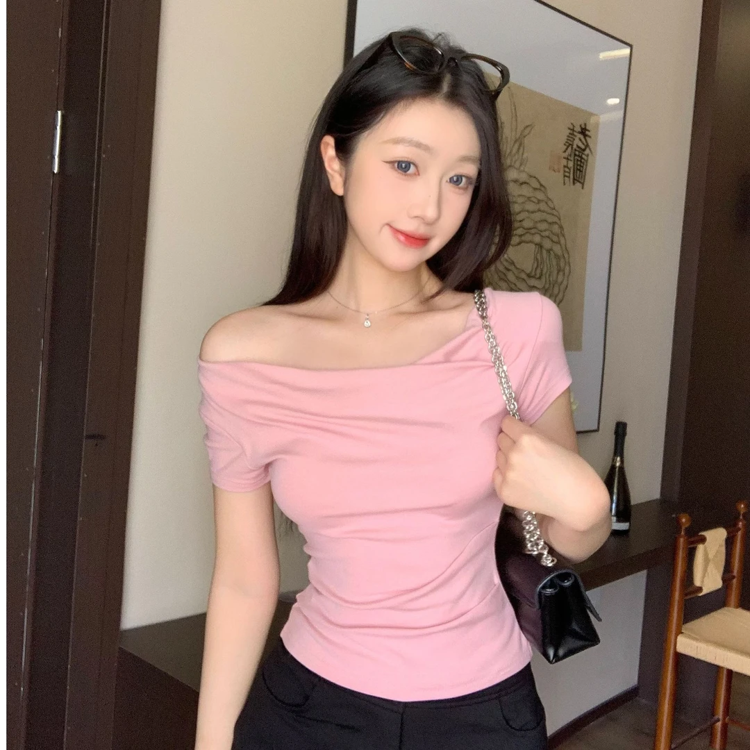 法式一字肩短袖T恤女夏季甜辣小众设计感褶皱修身收腰绝美小上衣