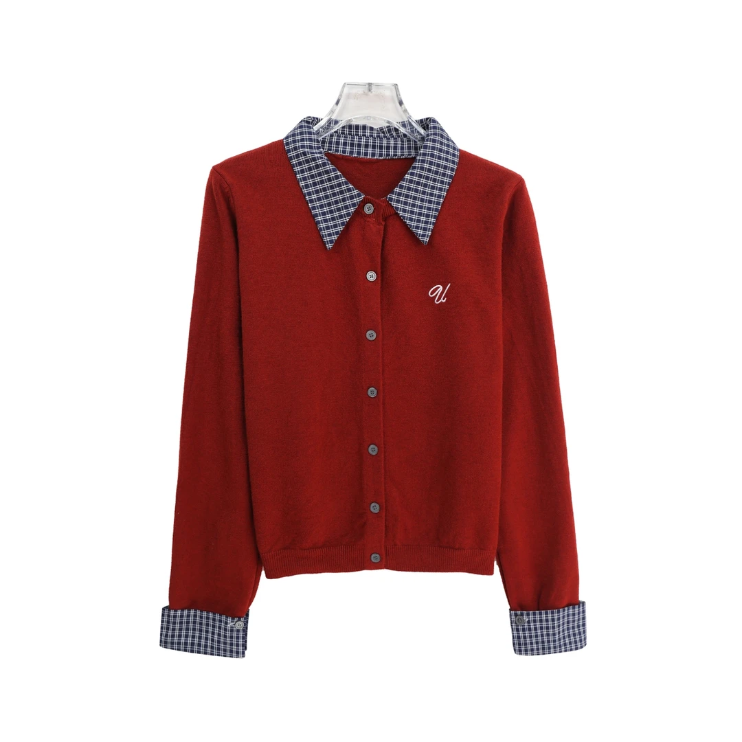 韩系假两件格子学院风减龄宽松显瘦针织上衣X27322