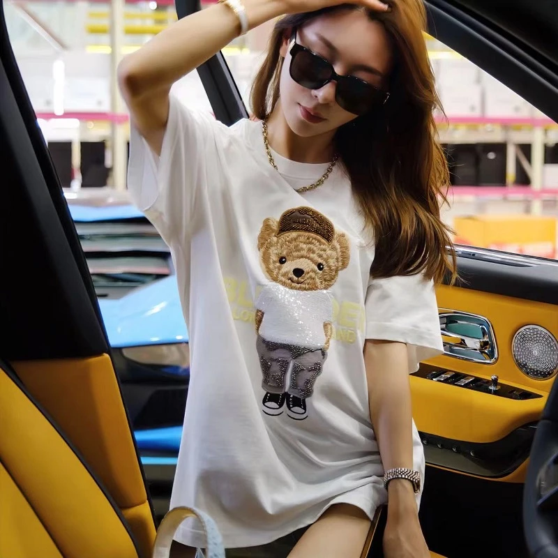 【新】2025春夏新款百搭重工刺绣小熊短袖T恤D3002