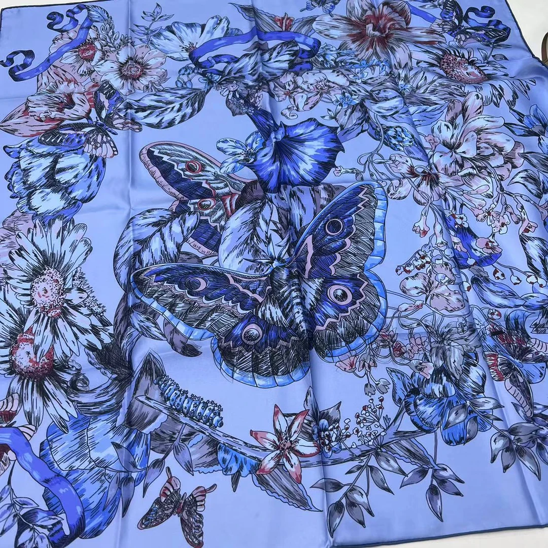 90斜纹绸方巾-蝶围花绕 双面异色 85cm丝巾