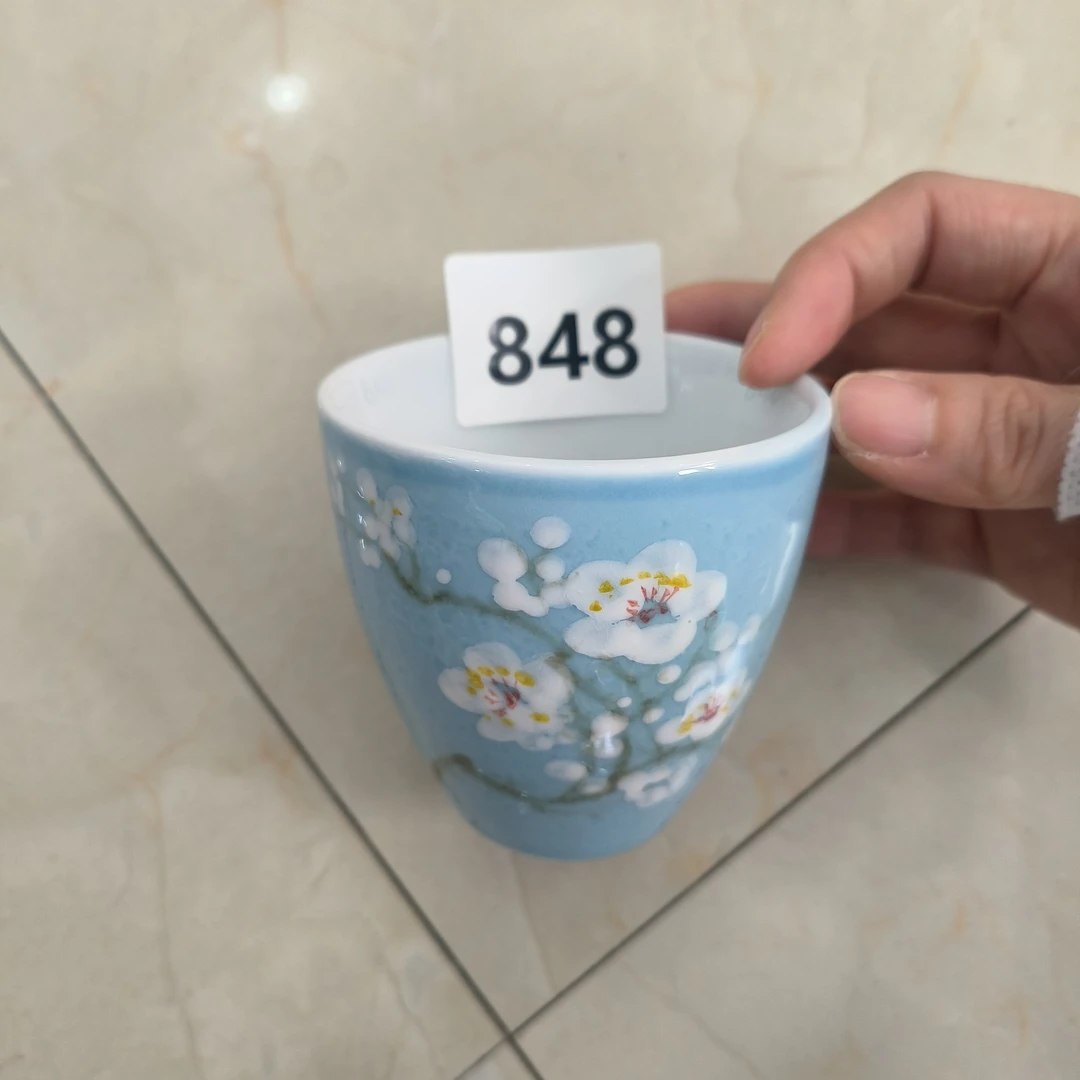 国韵瓷坊提夫尼蓝颜色釉白梅848日式水杯陶瓷茶杯