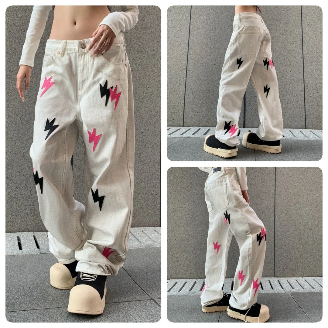 25SS涂层做旧粉色闪电牛仔裤男款闪电拼皮设计感潮牌宽松直筒长裤