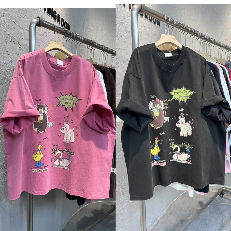 8391夏季韩版新款单车狗熊印花炒色做旧显瘦大版圆领短袖T恤女